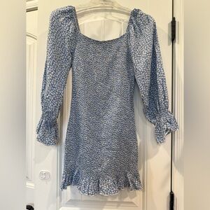 Chocolate Blue and White Patterned Long Sleeve Dress